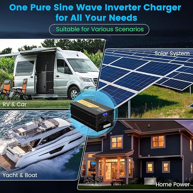 New Upgrade 3000W Pure Sine Wave Inverter Charger Auto Transfer Switch Remote Control DC 12V to 120V AC with LCD Display Ideal for Off-Grid &amp Emergency Power