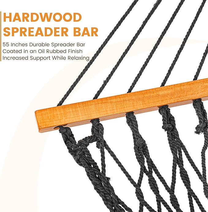 Lazy Daze Hammocks Double Rope Hammock 2 Person Traditional Outdoor Hand Woven Cotton Rope Hammock with Spreader Bar Carabiners Tree Straps Chains for Patio Yard - Max 450 Lbs Dark Grey