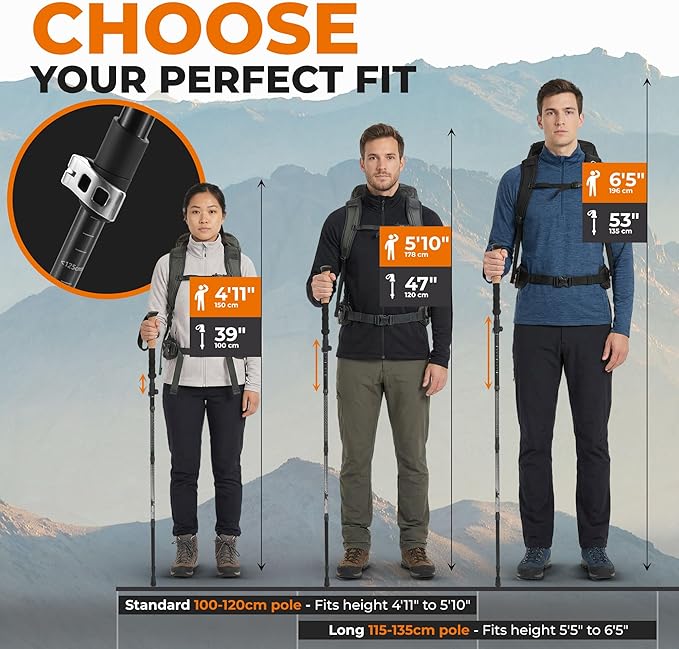Trekology TREK-Z Collapsible Hiking &amp Trekking Poles - Choose the Perfect Size - 100–120cm (for Height 4’11 to 5’10) - 115–135cm (for Height: 5’5” to 6’5”)