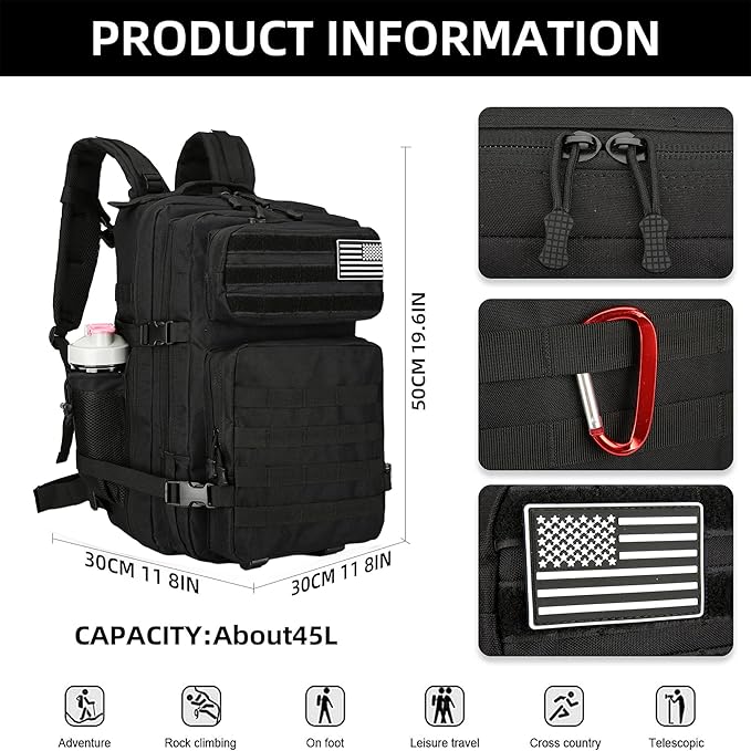 Military 45L Tactical Assault Backpack 3 day assault pack with Molle Waterproof backpack Rucksack for Tactical Backpacks
