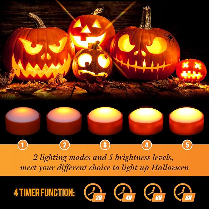 Riakrum 6 Pieces Remote Timer LED Lights with Remote LED Pumpkin Lights Battery Operated Lantern Bright Flameless Candle(Orange White)