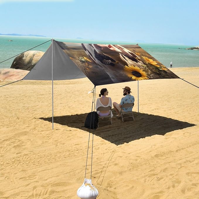 ALAZA Cow in Sunflower Field Beach Tent Sun Shelter Portable Canopy Sunshade for Outdoor Camping Picnics Backyard Fun 10x9 ft