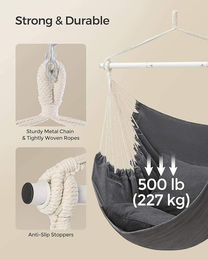 SONGMICS Hammock Chair Load Capacity 500 lb Hanging Chair with 2 Cushions Large Hammock Swing with Chain and Pocket for Indoor Outdoor Living Room Bedroom Slate Gray UGDC197G02