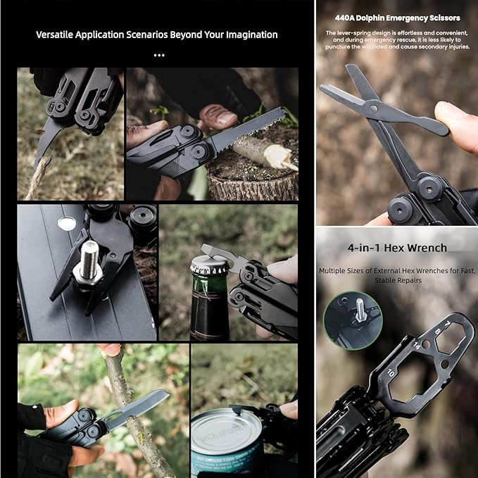 Multitool 15-in-1 Full-Size Lightweight EDC Multi-Purpose Pliers Nylon Bag Camping Knives &amp Tools Tactical Outdoor Gear Mens Gifts Ideas Gifts for Hunters Men who have Everything (Silver)