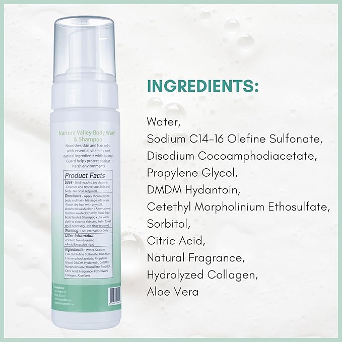 Nurture Rinse Free Body Wash &amp Shampoo w/Aloe | Hospital Grade Hair &amp Body Waterless Cleansing Foam | Women Camping Elderly &amp Hospital Patients | Shower Bath &amp Hand Soap for Sensitiv