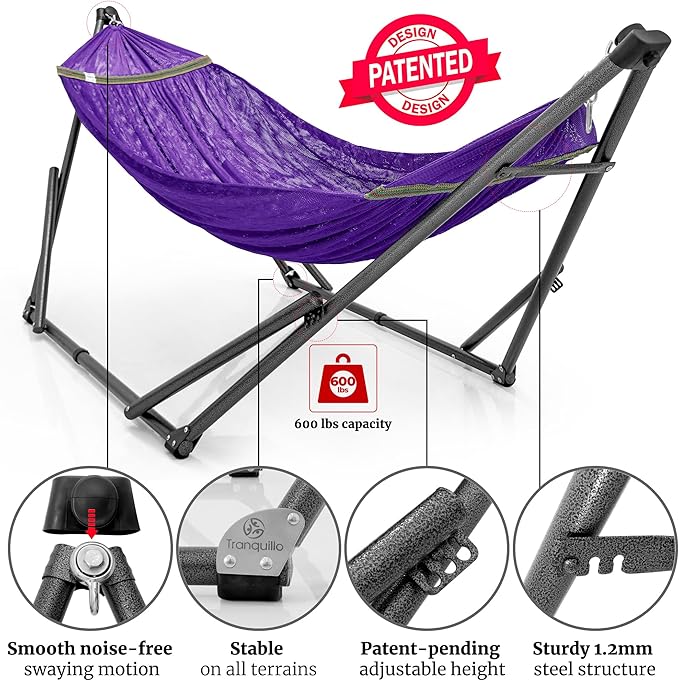 Tranquillo Combo x2 Hammocks with Stand for Outside &amp Tree Straps Heavy Duty Hammock with Stand 600lbs for Indoor Outdoor Patio Backyard x2 Hammocks for 2 Person (Combo - Purple Medium)