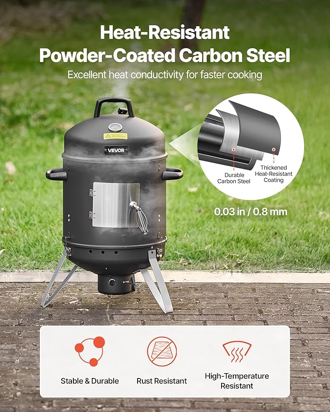 VEVOR Charcoal Smoker 16 Vertical Charcoal BBQ Grill Coated Steel Barbecue Smoker with 2 Grilling Grates Thermometer Air Vents &amp Removable Ash Tray Ideal for Backyard Patio Parties Cooking