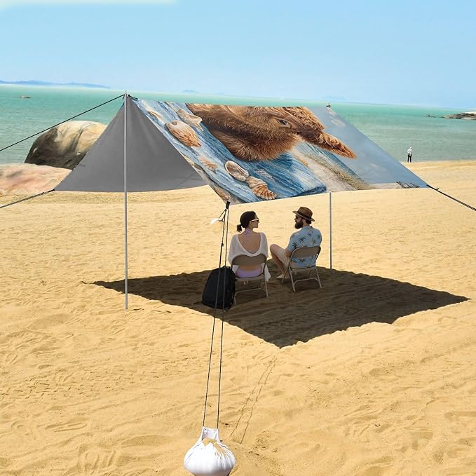 ALAZA Highland Cow Beach Beach Tent Sun Shelter UPF50+ Protection Beach Shade Canopy w/ 4 Sandbags for Outdoor Camping Fishing Backyard Fun Picnic 10x9 ft