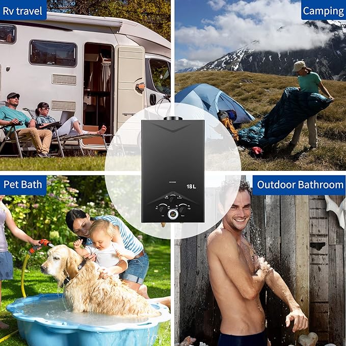 Tankless Water Heater 4.74GPM 18L Outdoor Portable GasHot Water Heater Instant Propane Water Heater with Digital Display Multi-Protection for Camping Trips Boat Cabins Black