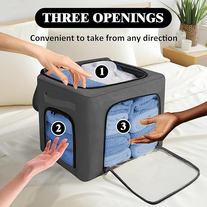 GuliPostan 3 Pack 40L Stackable Clothes Storage Bins with Metal Frame Handles &amp Zipper Collapsible Closet Organizer Box with Lid for Bedding Blankets Towel (Dark Grey)