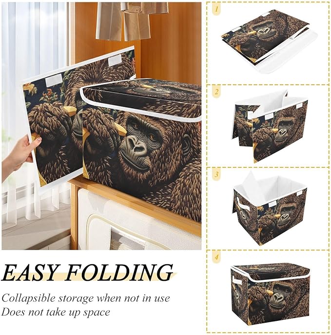 Storage Cube with Lid Gorilla with Banana Print 16.5×12.6×11.8 IN Collapsible Large Capacity Foldable Storage Basket Bin Organizer