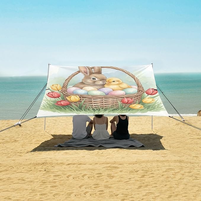 Beach Canopy with Windproof Ropes &amp Sandbags Beach Tent Sun Shade Sun Shelter for Camping Trips Fishing Backyard Fun or Picnics Easter Bunny