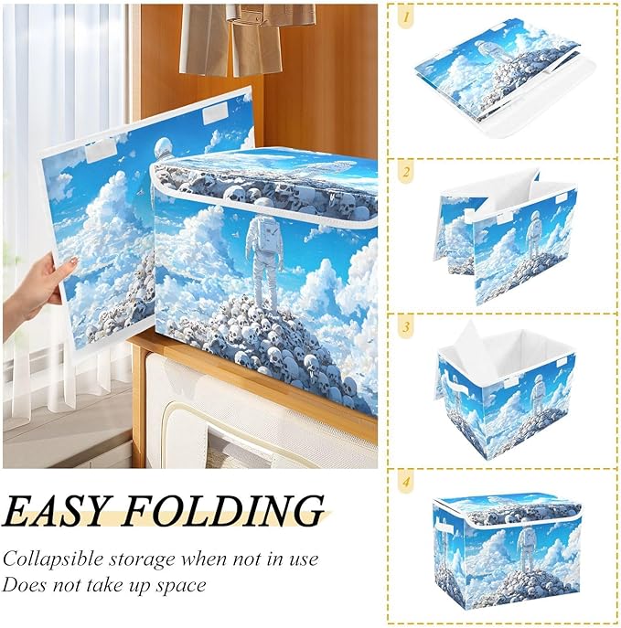 Storage Cube with Lid Skull Pile Astronaut Print 16.5×12.6×11.8 IN Collapsible Large Capacity Foldable Storage Basket Bin Organizer