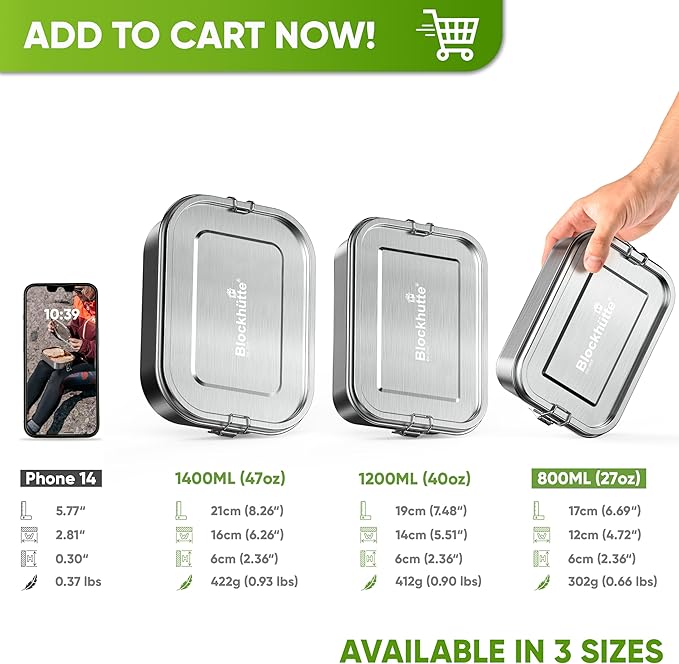 Blockhütte Personalized Stainless Steel Lunch Box for Kids I 27oz I Bento Box Custom Name I Metal Lunchbox I Non-Toxic Eco-Friendly Leakproof Lunch Container Adults I Personalized Gifts for men