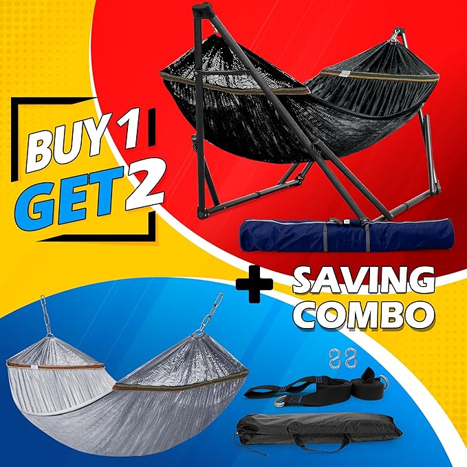 Tranquillo Combo x2 Hammocks with Stand for Outside &amp Tree Straps Heavy Duty Hammock with Stand 600lbs for Indoor Outdoor Patio Backyard x2 Hammocks for 2 Person (Combo - Black Medium)