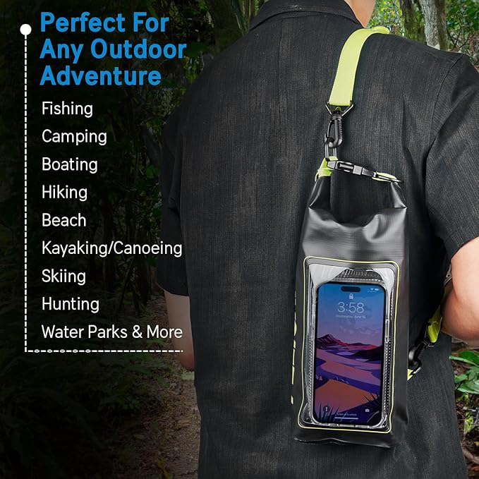 Pelican Marine IP68 Waterproof Dry Bag 2L - Roll Top Waterproof Backpack w/Phone Case/Pouch - Boating &amp Kayak Accessories - Essentials for Camping Swimming Beach Fishing Rafting Travel - Black/Yel
