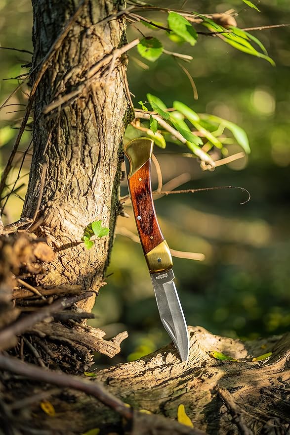 Uncle Henry LB7 Bear Paw Traditional Lockback Pocket Knife with 3.7in Clip Point High Carbon S.S. Blade Wood Handle Brass Bolsters and Leather Belt Sheath for EDC Hunting Camping and Outdoors