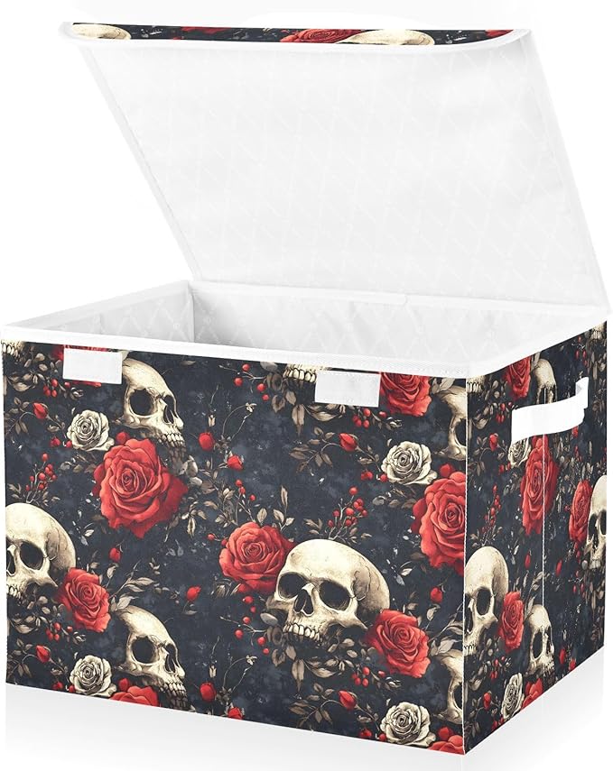 Rose Skulls Storage Cube Bins Basket with Lid Collapsible Flip-top Fabric with Handle for Home Bedroom Closet Office 16.5×12.6×11.8 in