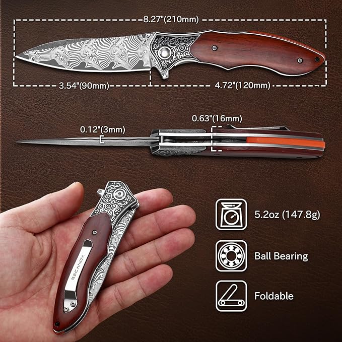 Damascus Pocket Knife Sharp 3.54 Damascus Steel Folding Knives with Wood Handle EDC Knife for Camping Hiking Collection