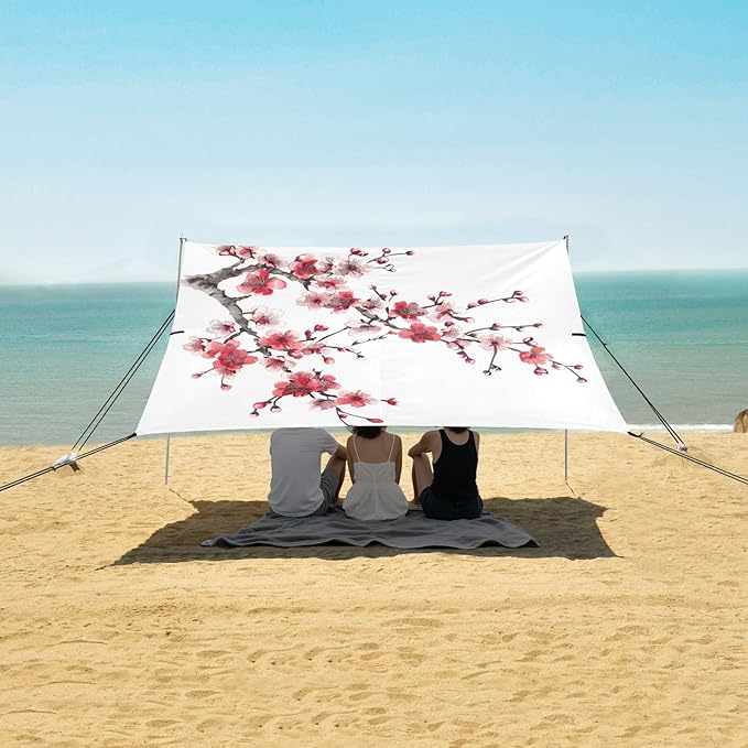 ALAZA Cherry Blossom Flower Red &amp Pink Beach Tent Sun Shelter UPF50+ Protection Beach Shade Canopy w/ 4 Sandbags for Outdoor Camping Fishing Backyard Fun Picnic 10x9 ft