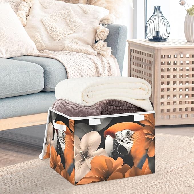 AIXIWAWA Lidded Storage Cube (Parrot Floral) Fabric Foldable Closet Bins with Flip Lid and Handles Organizer Basket Container 16.5 x 12.6 x 11.8 IN