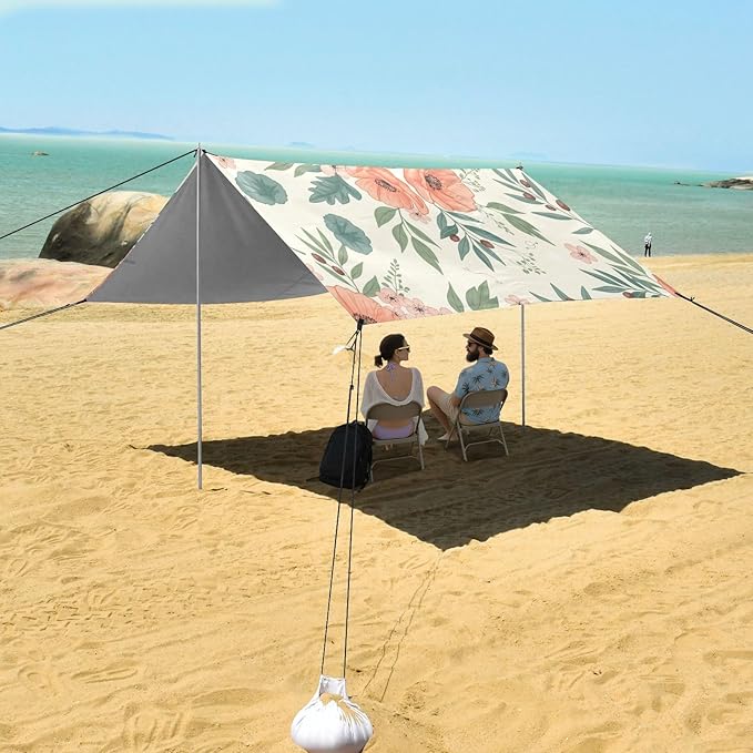 xigua Wildflowers Beach Tent Sun Shelter with Carrying Bag - Silver Coated Oxford Fabric Beach Canopy for Beach Camping Fishing - Includes Windproof Ropes Sandbags &amp Stakes