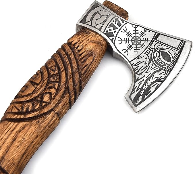 Gentry Choice Engraved Viking Axe Hatche – Hand Forged Blade Ash Wood Handle Leather Wrapped Grip Cowhide Sheath Double Head Design
