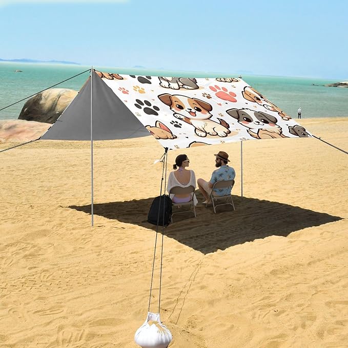 ALAZA Dog Puppy Paw Prints Beach Tent Sun Shelter UPF50+ Protection Beach Shade Canopy w/ 4 Sandbags for Outdoor Camping Fishing Backyard Fun Picnic 10x9 ft