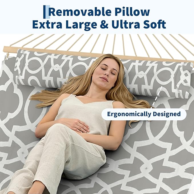 Hammocks 12 FT Double Quilted Fabric Hammock with Spreader Bar and Detachable Pillow 2 Person Hammock for Outdoor Patio Backyard Poolside 450lbs Weight Capacity