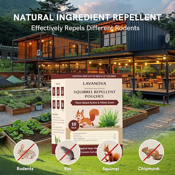 Squirrel Repellent Pouches 10 Pack Natural Squirrel &amp Chipmunk Outdoor for Attic Garden Garage and Car Engine Natural Squirrel Deterrent Keep Squirrels Out of Garden Yard Helps Repel Rodents