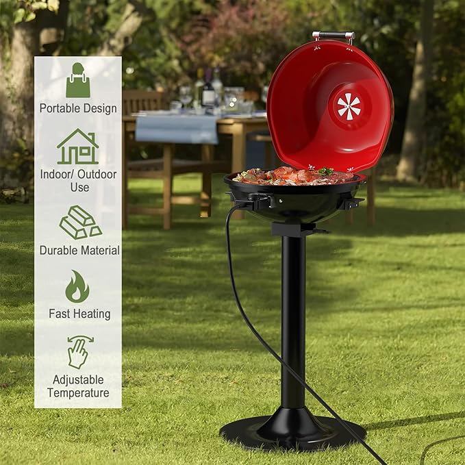 1600W Electric Grill Outdoor 15-Serving Freestanding Camping Grill w/Removable Non-Stick Grilling Rack Oil Drip Tray Temperature Adjustable Portable BBQ Grill for Patio Backyard (Red)