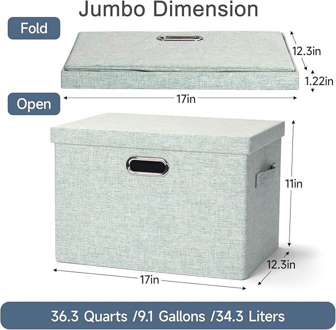 Graciadeco Large 17 36 Quart Collapsible Stackable Storage Bins with Lids 3 Packs Light Green Linen Fabric Closet Boxes with Lids Storage Cube Baskets Container Organizers for Office (17x12x11)