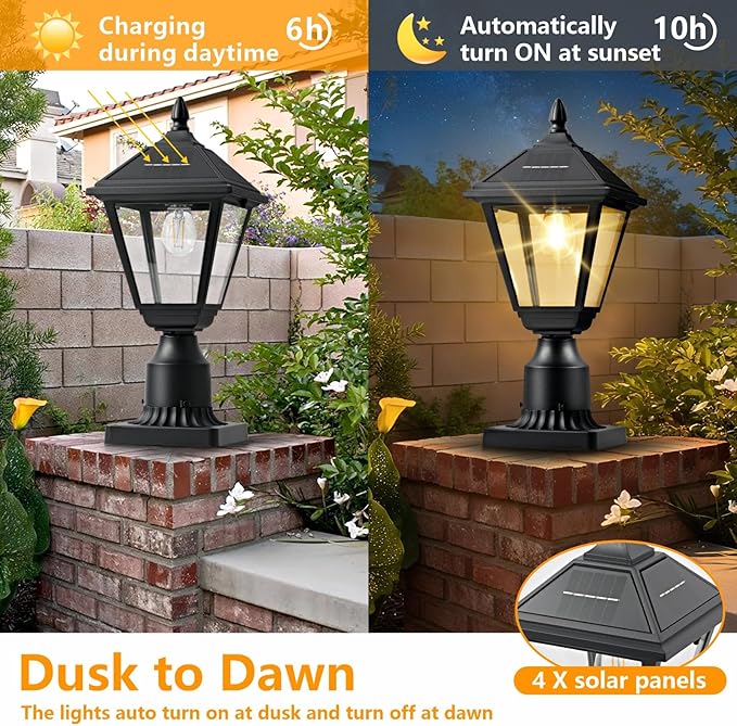 Solar Lamp Post Light 3000K Dusk to Dawn Solar Post Lights with Pier Mount Base Waterproof Outdoor Post Lantern Aluminum &amp Glass Housing for Garden Yard Pole Pillar