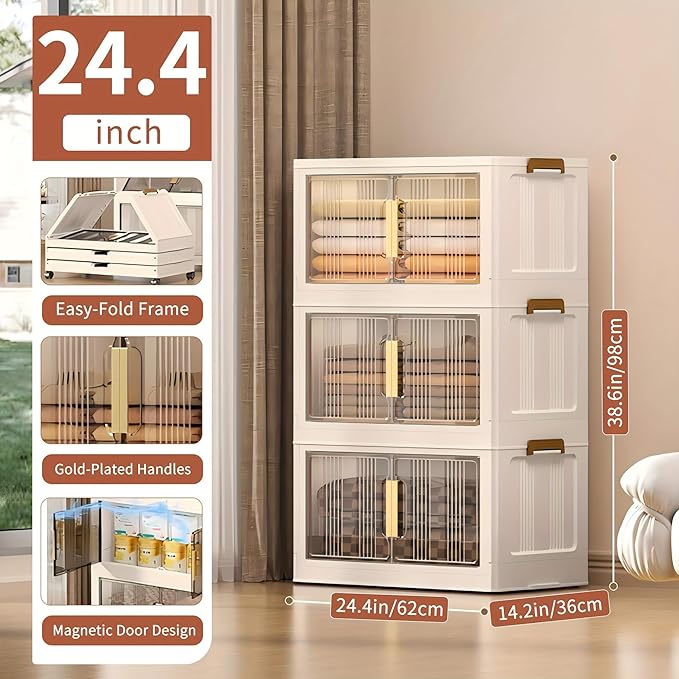 Storage Bins with Lids 3 Tier 180 QT Stackable Plastic Storage Bins Foldable Storages Boxes with Magnetic Doors and Wheels for Clothes Snacks Books Folding Containers for Home Office