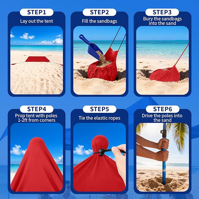 CROWN SHADES 10x10 Beach Tent Sun Shelter Easy Pop Up Beach Canopy Shade Portable Outdoor Carpas UPF50+ Includes 4 Poles Adjustable Aluminium Extra-Large Big Sand Shovel Red