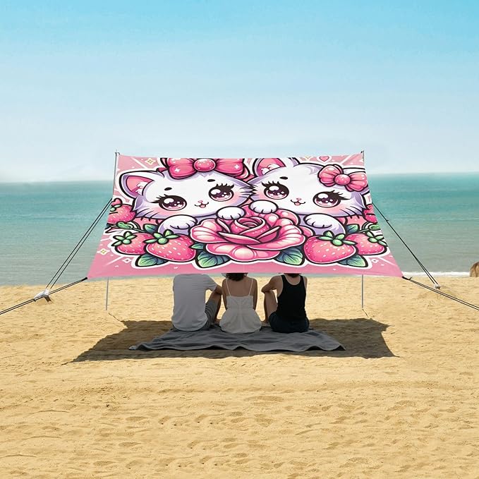 Cats with Pink Bows Beach Tent Sun Shelter Set UPF50+ UV Protection 10.5 x 9.19 FT Camping Shade Canopy with Sandbags Sand Anchors Carrying Bag and Others