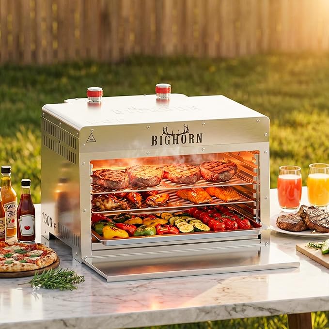 BIG HORN 2 Burner Infrared Gas Grill - 1500℉ Steak Cooker &amp Salamander Broiler Tabletop Propane Grill with Pizza Stone for Outdoor Cooking Stainless Steel Gas BBQ Grill