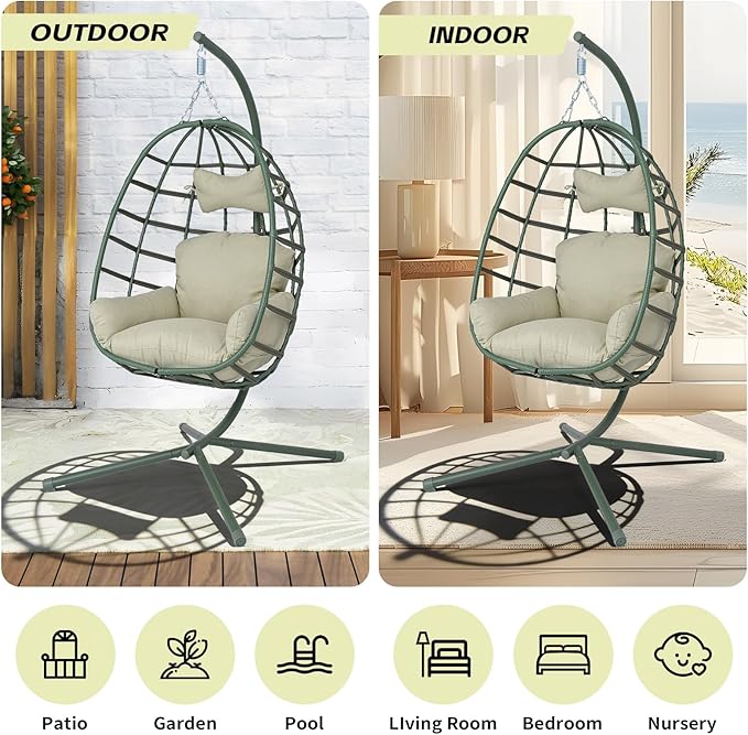 Hanging Egg Chair with Stand Outdoor Indoor Patio Rattan Swing Hammock Chairs with Washable Cushion 350lbs Capacity PE Wicker Swing Chair for Backyard Bedroom Garden (Dark Green + Cyan Cushion)
