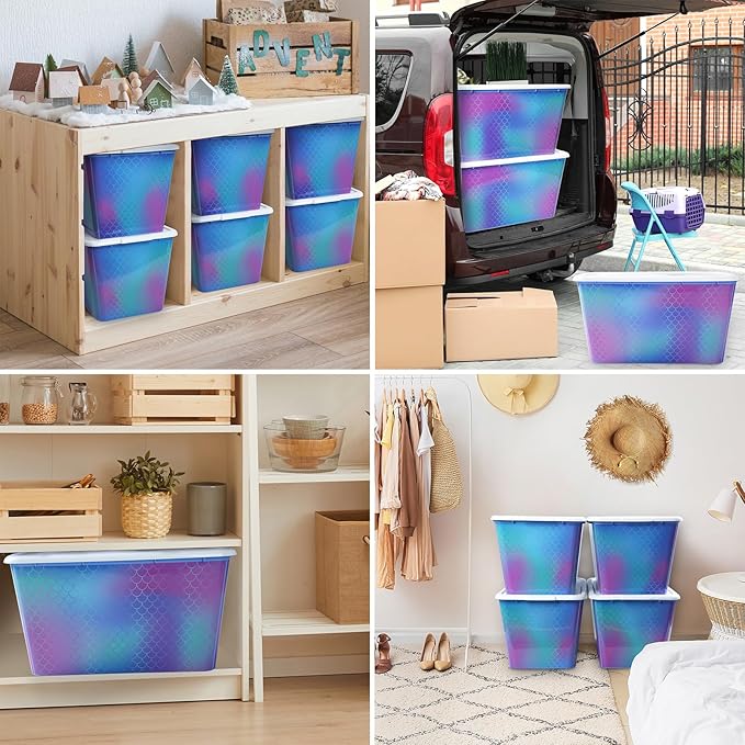 Storage Organizer Bins with Lids - 4PC 58QT Heavy-Duty Container Boxes Stackable and Nestable Storage Bins Plastic Large Storage Totes Rainbow Mermaid Bins for Home Office and Garage