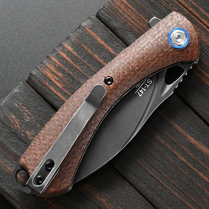 Sitivien ST147 Folding Pocket KnifeBlack Stonewashed 14C28N Steel Blade with Micarta Handle Utility Knife EDC Tool Knife for Outdoor CampingHikingHunting(Brown)