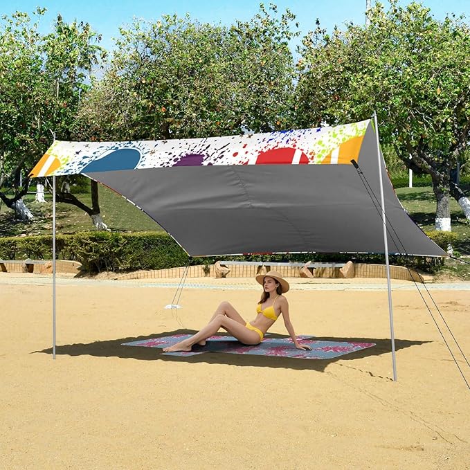 xigua Football Beach Tent Sun Shelter with Carrying Bag - Silver Coated Oxford Fabric Beach Canopy for Beach Camping Fishing - Includes Windproof Ropes Sandbags &amp Stakes