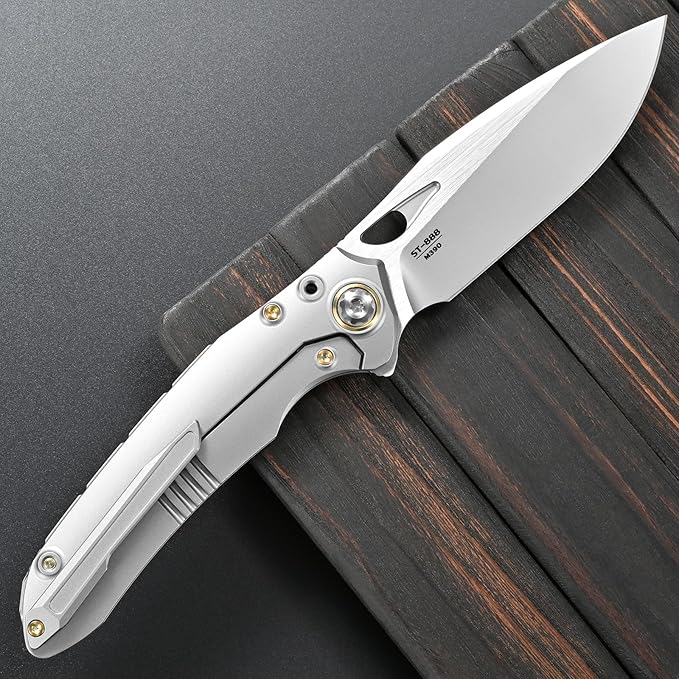 Sitivien ST888 Folding Knife M390 Steel Blade Titanium and Timascus Inlaid Handle Knife with Safety Lock Frame Lock for Outdoor Camping Hiking Survival
