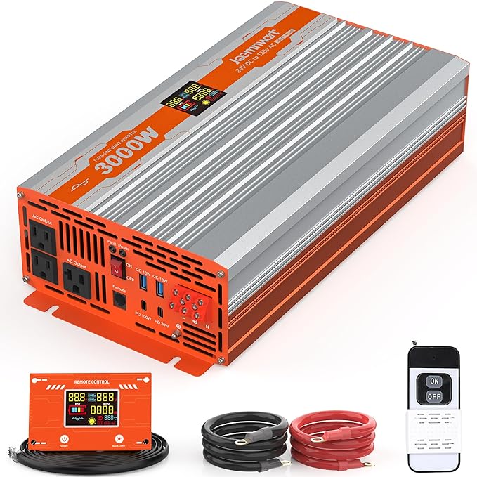 3000 Watt Pure Sine Wave Inverter 24V DC to 120V AC 6000W Peak Power Inverter with 3AC OutletsType-C PD100W/PD30W Hardwire Port Remote Control for Truck RV Vehicles