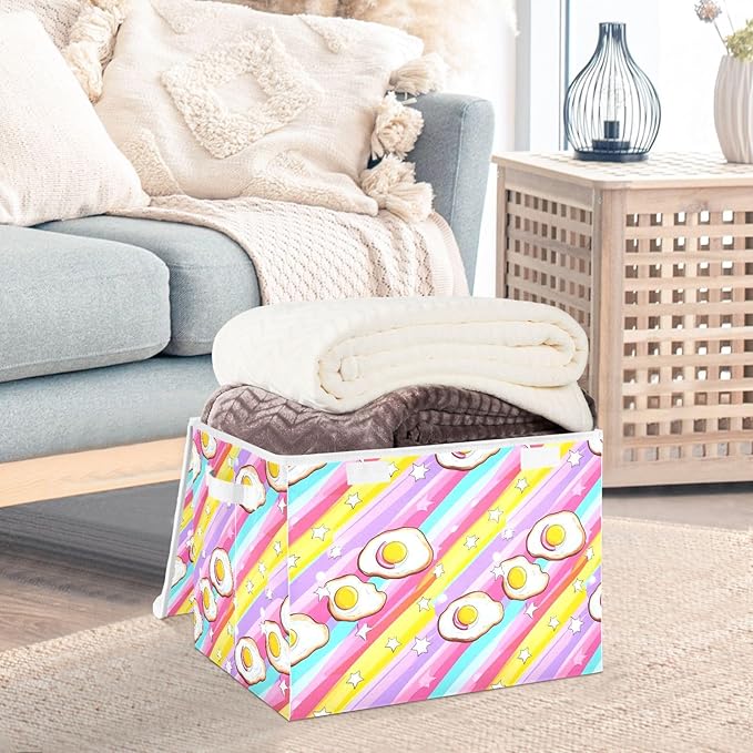 Stars Eggs Storage Cube Bins Basket with Lid Collapsible Flip-top Fabric with Handle for Home Bedroom Closet Office 16.5×12.6×11.8 in