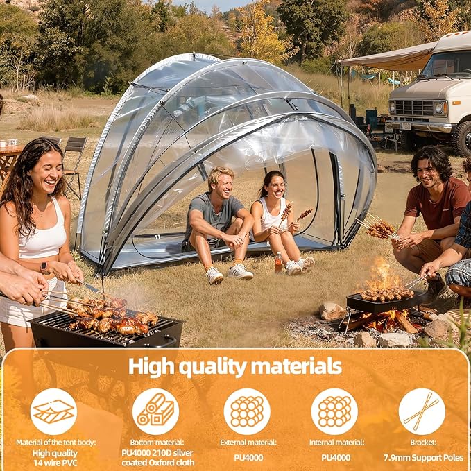 4-Person Sun Tent - Instant Pop-Up Bubble Shelter All-Weather Clear View Camping Tent with Vent Waterproof Rainproof Outdoor Screen House for Backyard Beach &amp Sports Events Clear