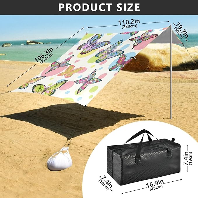 Beach Canopy with Windproof Ropes &amp Sandbags Beach Tent Sun Shade Sun Shelter for Camping Trips Fishing Backyard Fun or Picnics Butterfly