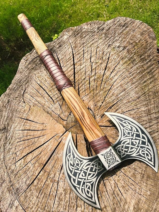 DARK WARRIOR Handmade Double Head Berserker Axe Large Norse Viking Axe Hand Forged High Carbon Steel Axe with Leather Sheath Forest Hewing Broad Hunting Dane Axe with Wood Handle