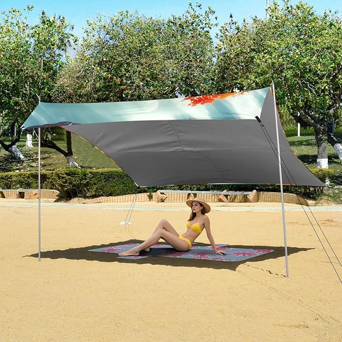 xigua Autumn Beach Tent Sun Shelter with Carrying Bag - Silver Coated Oxford Fabric Beach Canopy for Beach Camping Fishing - Includes Windproof Ropes Sandbags &amp Stakes
