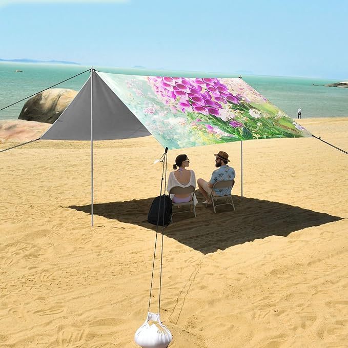 Beach Canopy with Windproof Ropes &amp Sandbags Beach Tent Sun Shade Sun Shelter for Camping Trips Fishing Backyard Fun or Picnics Purple Flower