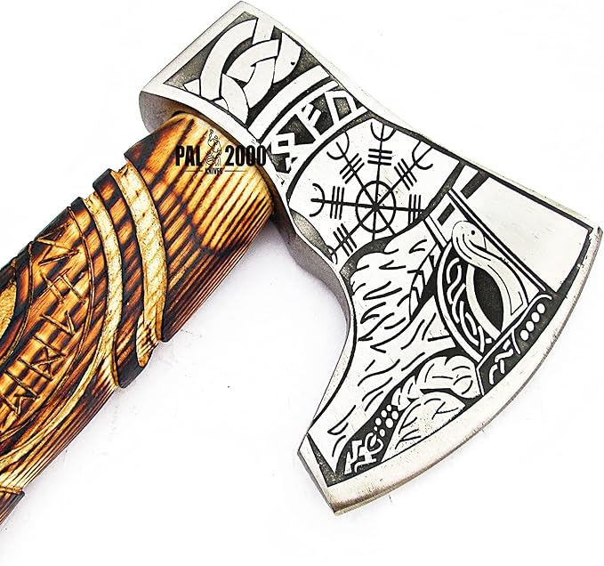 Custom Gift Forged Carbon Steel Viking Axe with Ash Wood Shaft - Viking Bearded Camping Axe 9970